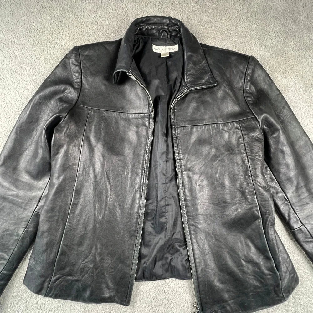 Genuine Leather Jacket Womens Medium‎ Black Zip Up Moto Casual Corner